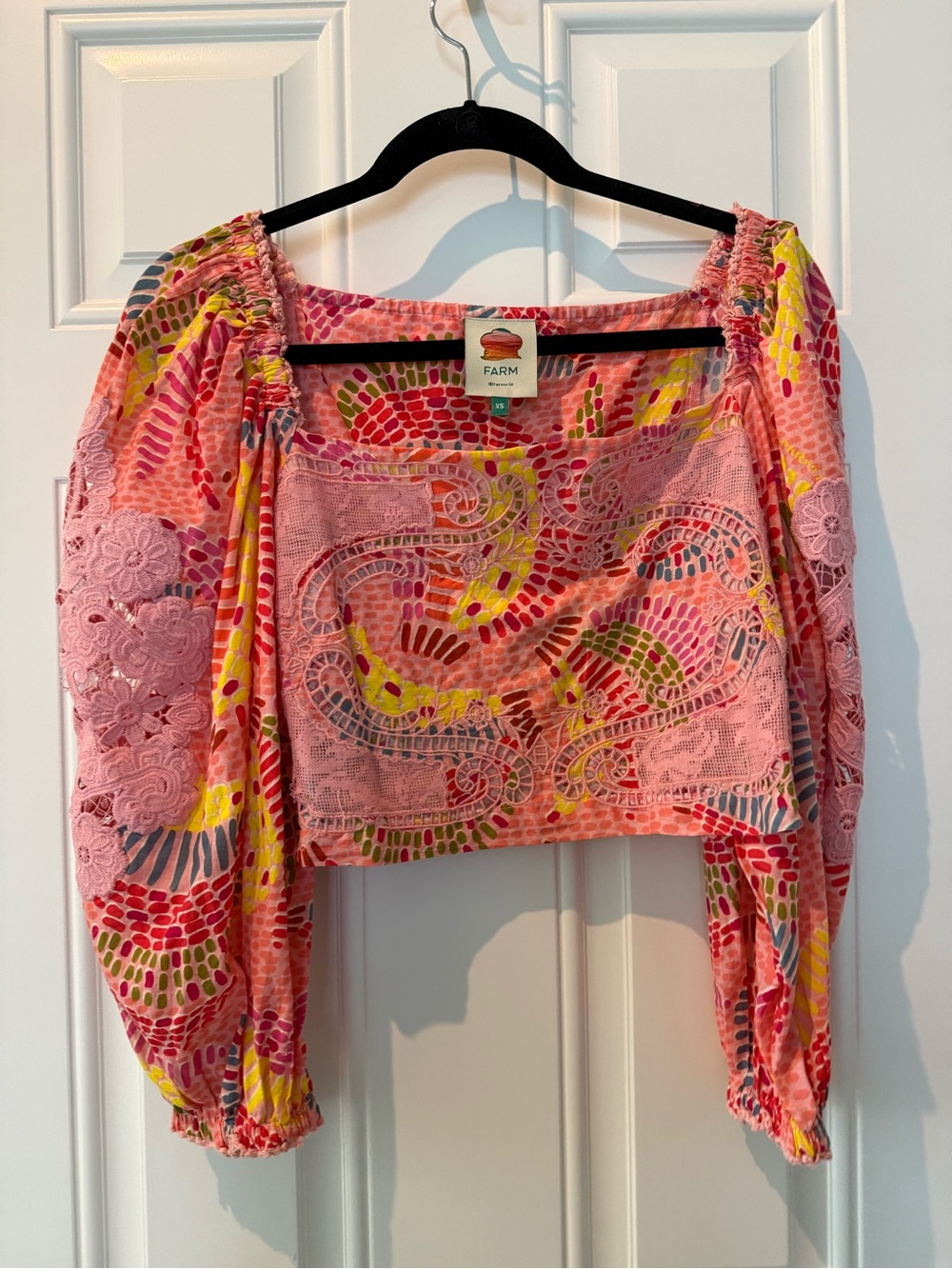 Farm Rio Pink Floral Embroidered Off-Shoulder Crop Top